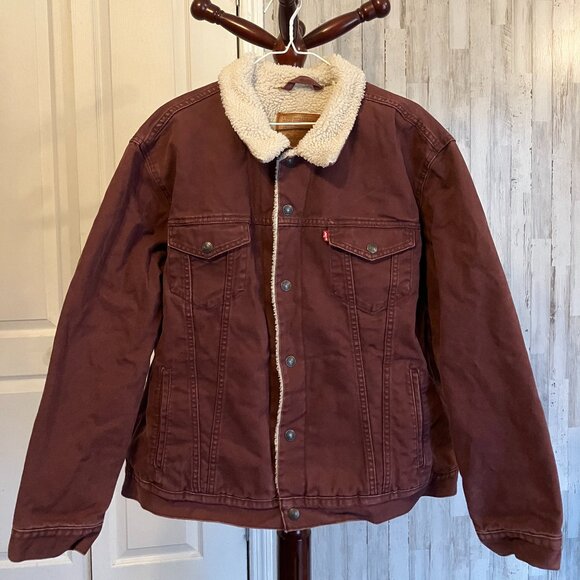 Men's Levi's Sherpa/Denim Trucker Jacket in Burgundy - XL - Picture 3 of 14
